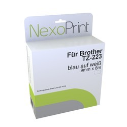 NexoPrint Schriftband blau auf wei&#223; 9mm x 8m, laminiert f&#252;r Brother TZ-223 